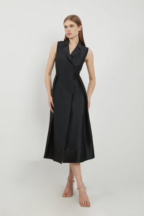 Karen Millen UK SALE Lydia Millen Taffeta Full Skirt Tailored Wrap Shirt Midaxi Dress - black