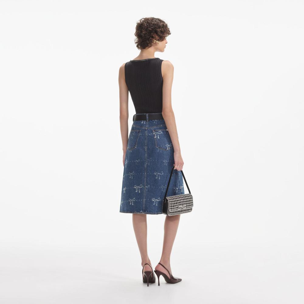 SELF PORTRAIT SS24 Bow Print Denim Midi Skirt