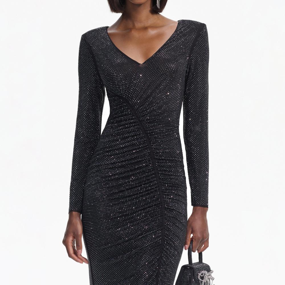 SELF PORTRAIT BLACK FRIDAY SALE Black Rhinestone Gathered Midi Dress