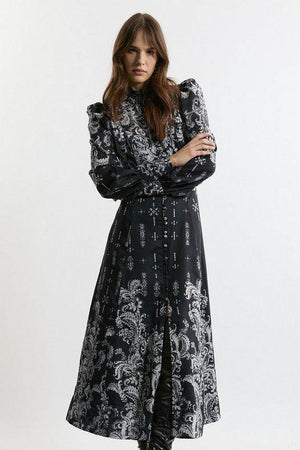 Karen Millen UK SALE Mono Floral Woven Button Up Maxi Dress