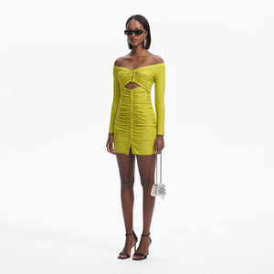 SELF PORTRAIT BLACK FRIDAY SALE Chartreuse Off Shoulder Mini Dress