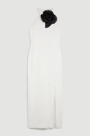 Karen Millen UK SALE Compact Viscose Small Corsage Detail Tailored Halterneck Midaxi Dress - ivory