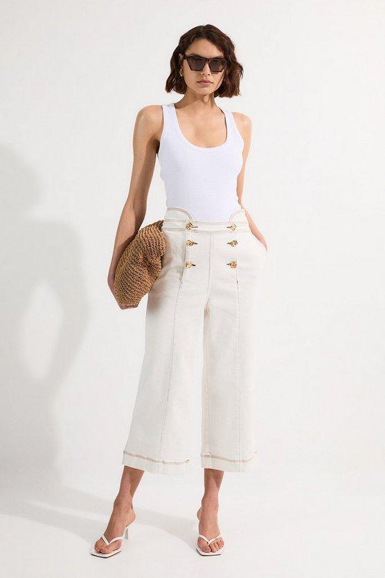 Karen Millen UK SALE Denim Button Front Culottes Trousers - ivory
