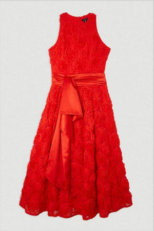 Karen Millen UK SALE Romantic Rosette Texture Woven Prom Midi Dress - red