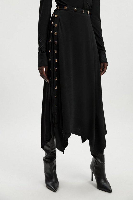 Karen Millen UK SALE Drapey Crepe Hanky Hem Eyelet Detail Maxi Skirt - black