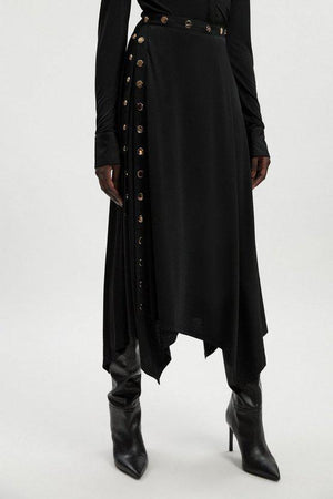 Karen Millen UK SALE Drapey Crepe Hanky Hem Eyelet Detail Maxi Skirt - black