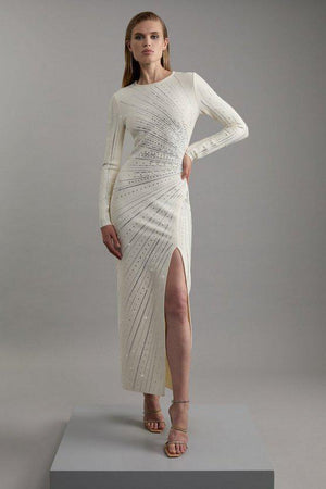 Karen Millen UK SALE Figure Form Bandage Knit All Over Embellished Maxi Dress - cream