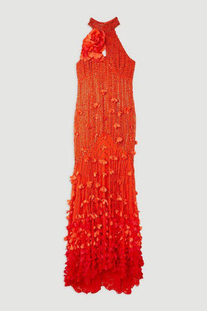 Karen Millen UK SALE Floral Applique Crystal Embellished Woven Maxi Rosette Maxi Dress - orange