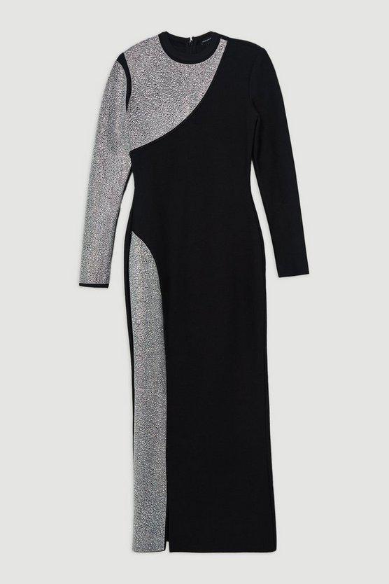 Karen Millen UK SALE Figure Form Bandage Asymmetric Embellished Maxi Dress - black