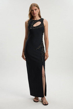 Karen Millen UK SALE Embellished Figure Form Bandage Sleeveless Knit Maxi Dress - navy