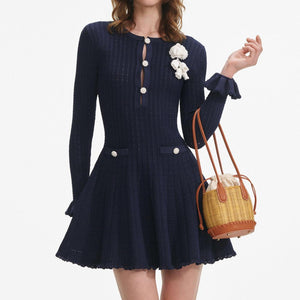 SP VIP PRICE Navy Pointelle Knit Crochet Flower Mini Dress
