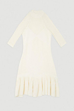 Karen Millen UK SALE Viscose Blend Sheer Knit Peplum Mini Dress - ivory