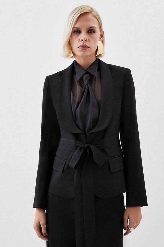 Karen Millen UK SALE The Founder Premium Twill Tie Waist Detail Blazer - black