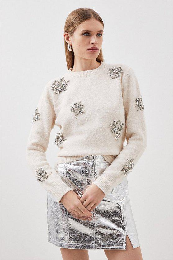 Karen Millen UK SALE Wool Blend Embellished Cosy Knit Jumper - ivory