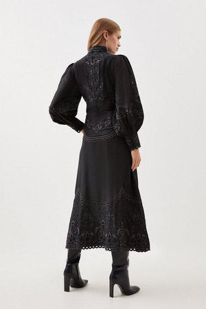 Karen Millen UK SALE Lydia Millen Cotton Cutwork Embroidered Woven Maxi Dress - black