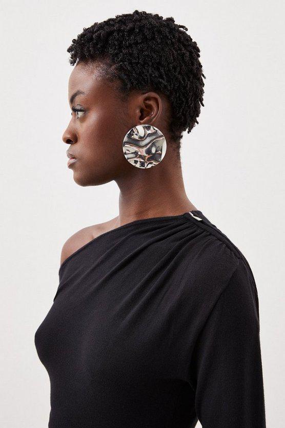 Karen Millen UK SALE Viscose Blend Asymmetric Ruched Knit Maxi Dress - black