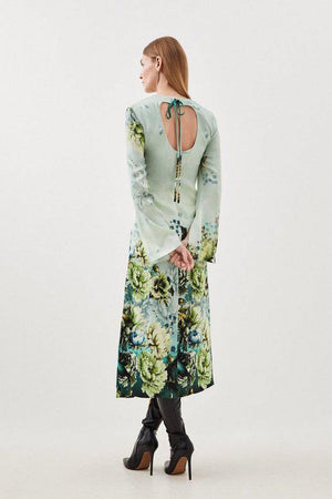 Karen Millen UK SALE Garden Floral Woven Viscose Satin Midi Dress