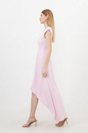 Karen Millen UK SALE Compact Stretch Viscose Drape Cap Sleeve Tailored Maxi Dress - light pink