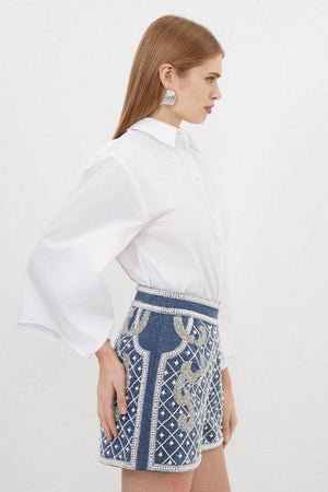 Karen Millen UK SALE Premium Pearl Embellished Denim Woven Shorts