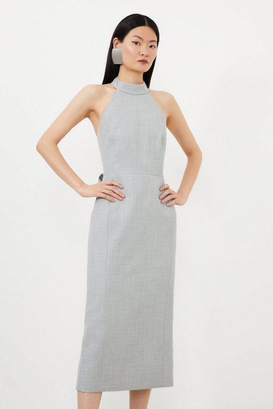 Karen Millen UK SALE Tailored Wool Blend Tie Back Detail Halter Neck Pencil Dress