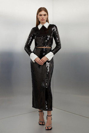 Karen Millen UK SALE Black Sequin Woven Long Sleeve Crop Top