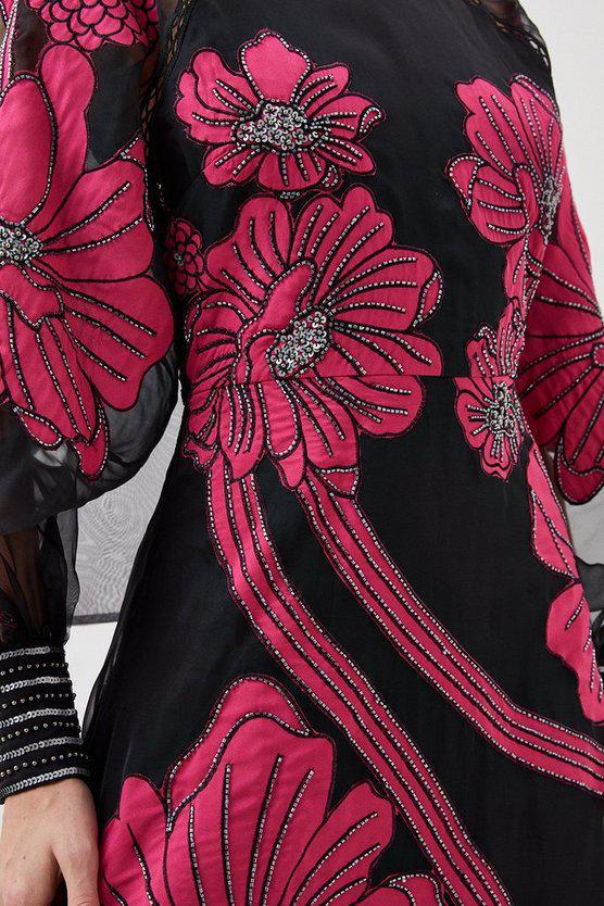 Karen Millen UK SALE Applique Organdie Floral Graphic Woven Maxi Dress - black