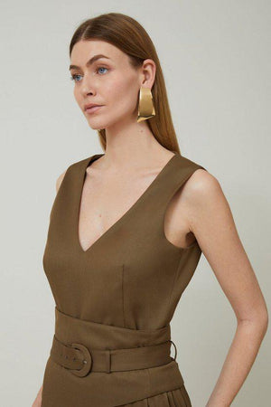 Karen Millen UK SALE Tailored Wool Blend Belted Pleat Detail Midi Dress - olive