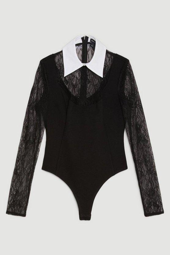 Karen Millen UK SALE Lace Ponte Cotton Mix Jersey Bodysuit