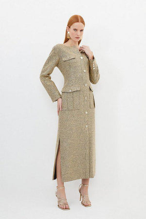 Karen Millen UK SALE Tailored Boucle Pocket Detail Long Sleeve Midi Dress