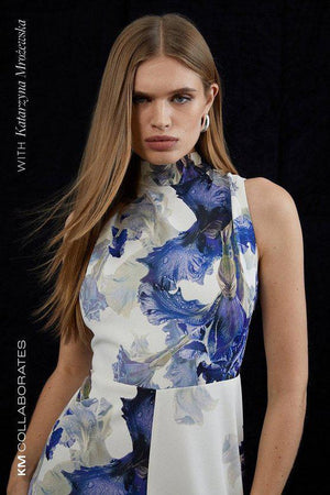Karen Millen UK SALE Tailored Crepe Floral Print Tie Neck Midi Dress