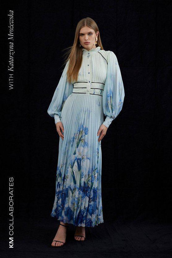 Karen Millen UK SALE Petite Scattered Floral Print Pleated Maxi Dress