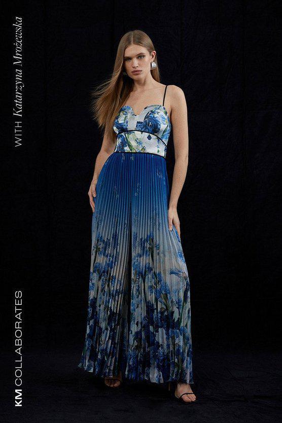 Karen Millen UK SALE Scattered Floral Print Pleated Strappy Jumpsuit