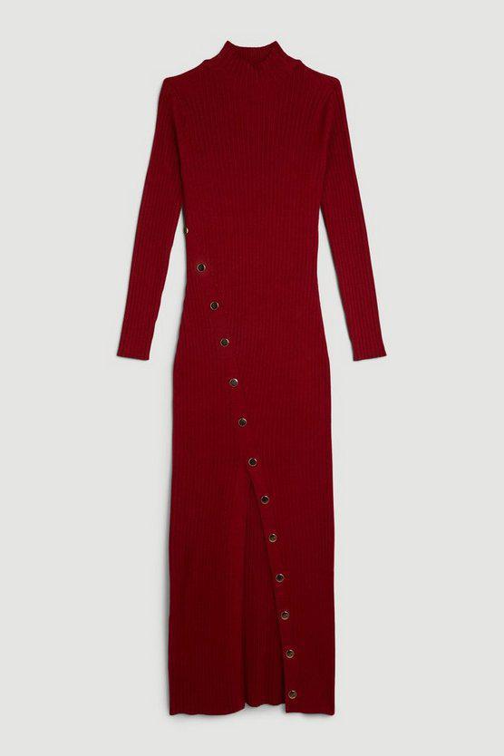 Karen Millen UK SALE Viscose Blend Popper Detail Split Knit Midaxi Dress