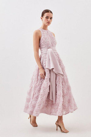 Karen Millen UK SALE Lydia Millen Petite Rosette Tulle Satin Woven Belt Prom Dress - blush
