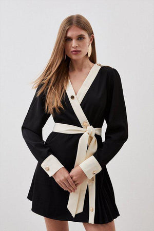 Karen Millen UK SALE Twill Pleated Woven Mini Dress
