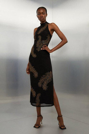 Karen Millen UK SALE Feather Mesh Embellished Maxi Dress
