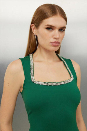 Karen Millen UK SALE Diamante Trim Ponte Midi Dress - green