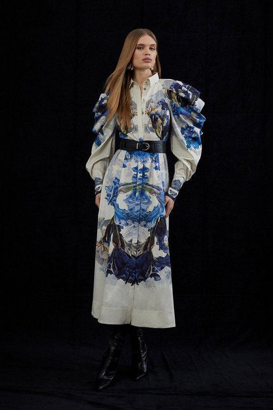 Karen Millen UK SALE Mirrored Floral Cotton Sateen Midi Dress