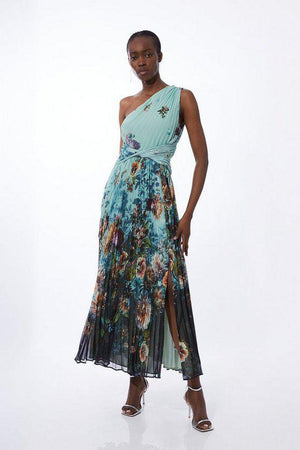 Karen Millen UK SALE Printed Pleated Yoryu Crinkle Woven Maxi Dress