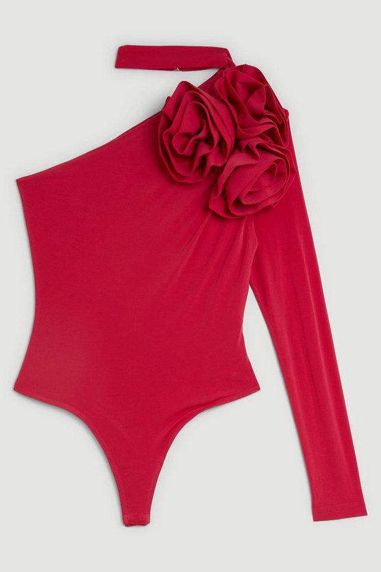 Karen Millen UK SALE One Shoulder Drapey Ruched Jersey Rosette Bodysuit - pink