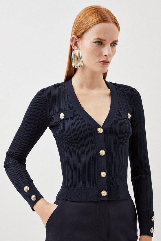 Karen Millen UK SALE Viscose Blend Military Button V Neck Rib Knit Cardigan - navy