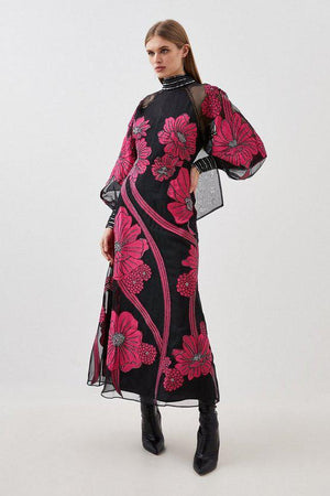 Karen Millen UK SALE Applique Organdie Floral Graphic Woven Maxi Dress - black