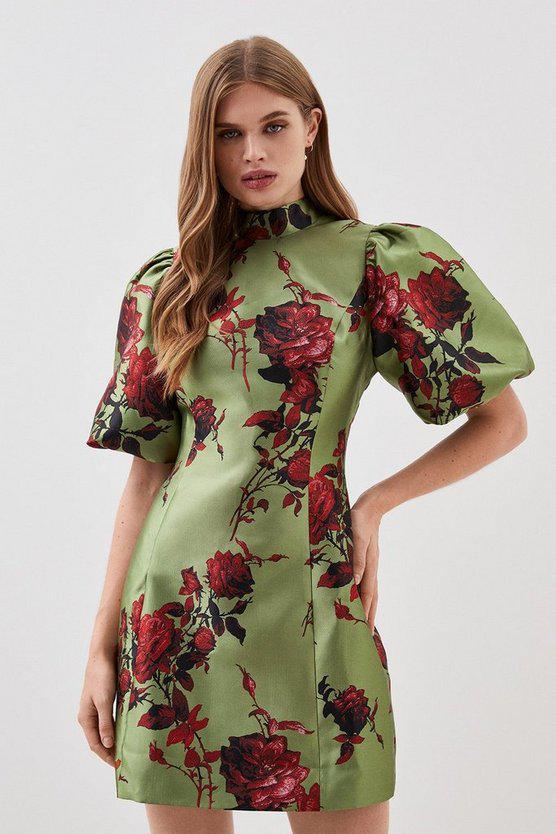 Karen Millen UK SALE Lydia Millen Floral Jacquard Panelled Puff Sleeve Woven Mini Dress - green