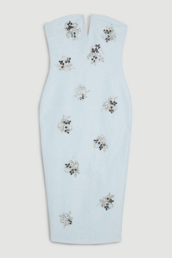 Karen Millen UK SALE Figure Form Bandage Embellished Bandeau Knit Midi Dress - pale blue