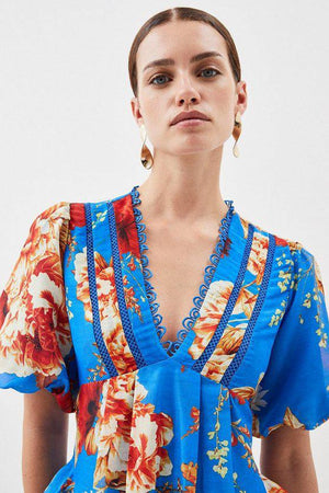 Karen Millen UK SALE Petite Graphic Lace Trim Floral Woven Plunge Maxi Dress