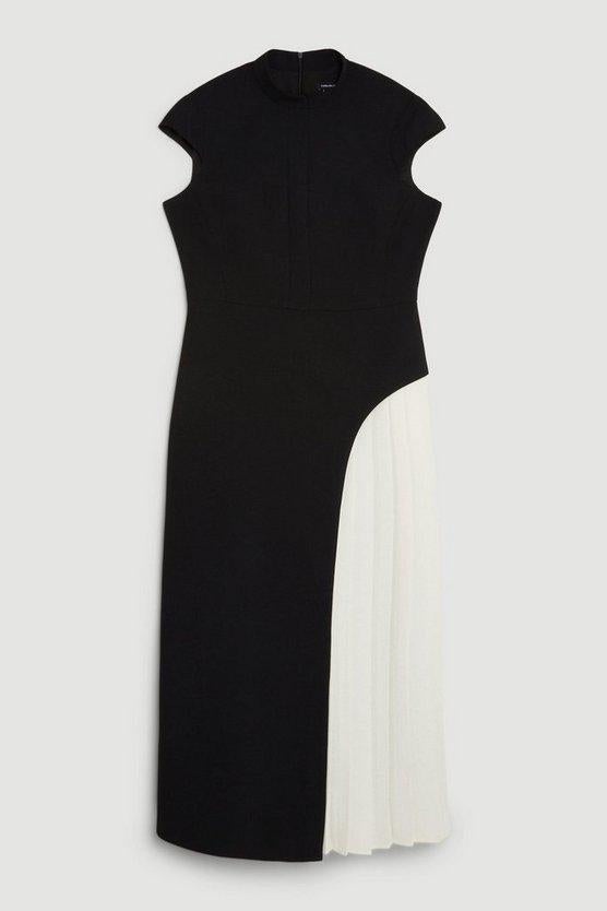 Karen Millen UK SALE Tailored Crepe High Neck Side Pleat Detail Midi Dress - mono