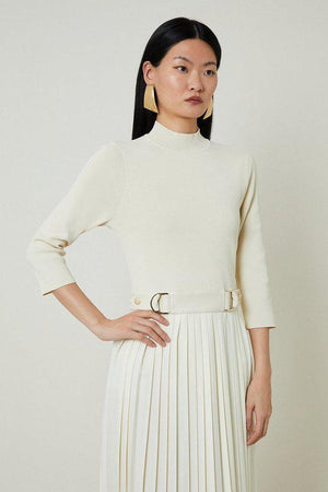Karen Millen UK SALE Viscose Blend Knit Mix Midaxi Dress With Pu Waist Detail