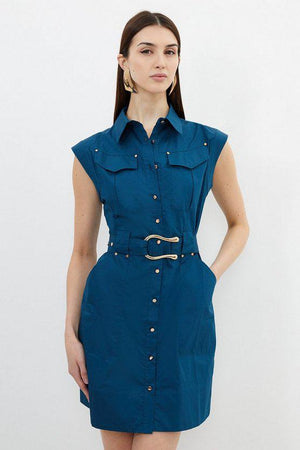 Karen Millen UK SALE Cotton Sateen Buckled Woven Shirt Mini Dress