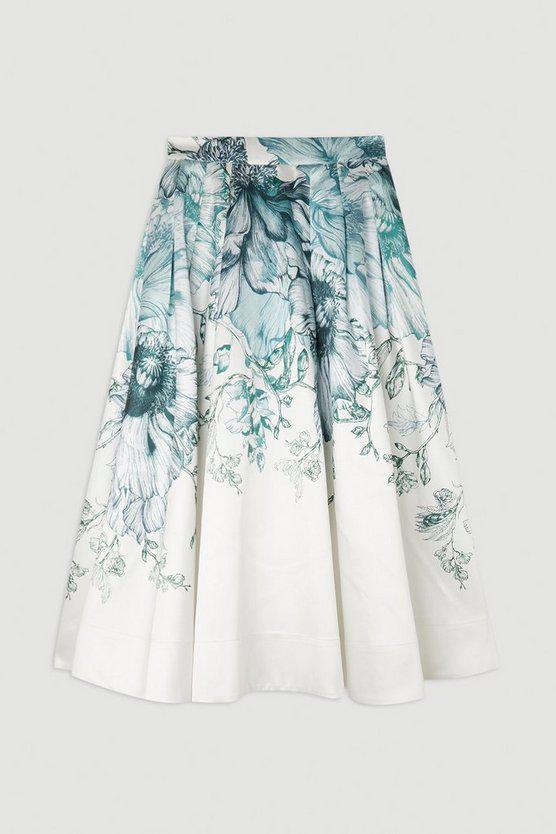 Karen Millen UK SALE Placed Floral Twill Full Midi Skirt