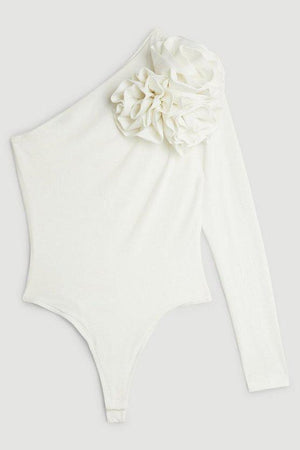 Karen Millen UK SALE One Shoulder Drapey Ruched Jersey Rosette Bodysuit - ivory